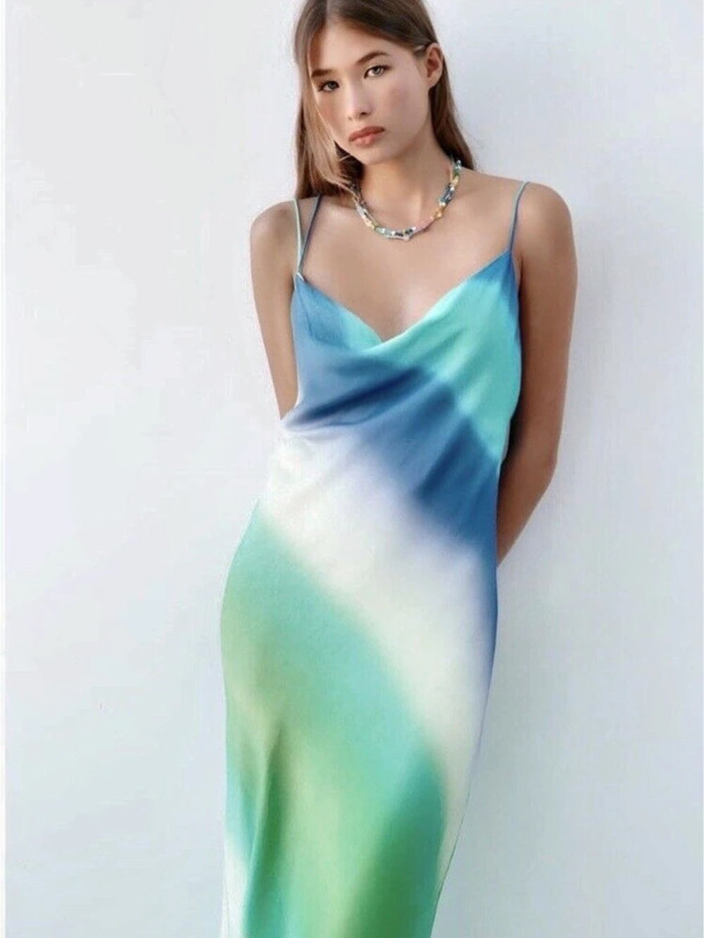 Zara Tie Dye Satin Slip Dress Midi Slip Dress in Blue & Green Size Large